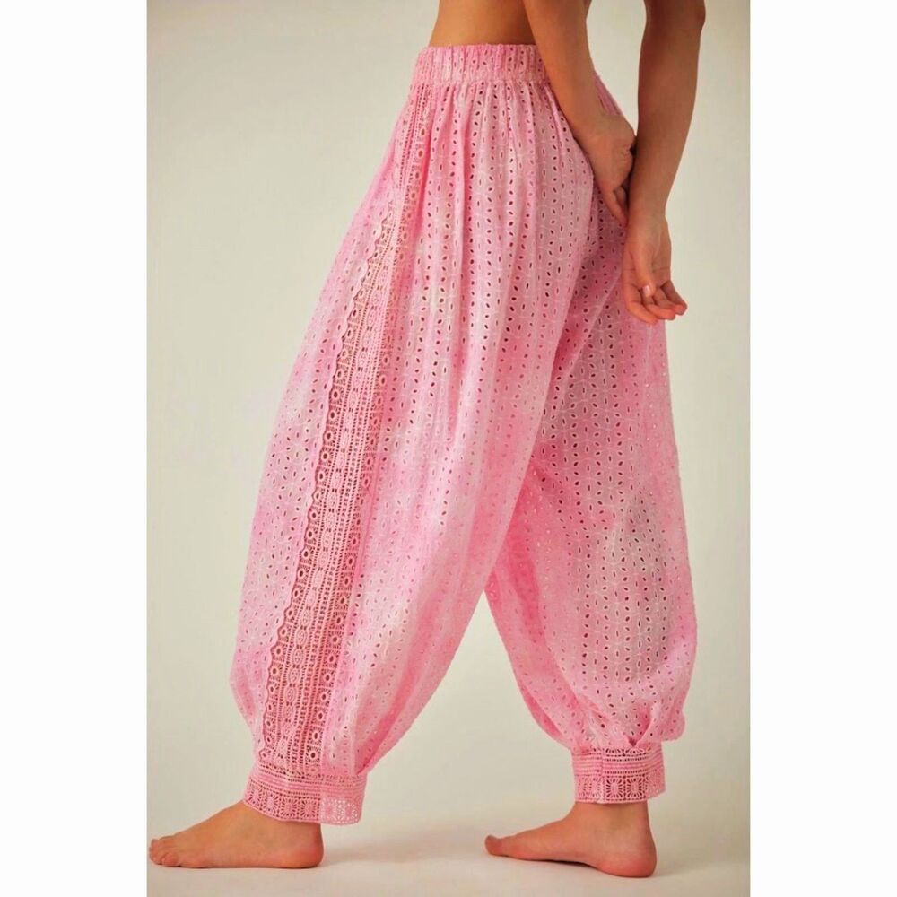 NEW Free People Pants M Sweet Tea Eyelet lace lounge boho Harem balloon pink